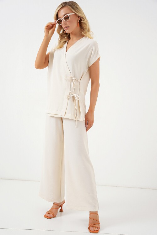 Merterium Kadın Kısa Kol Bağcıklı Ayrobin İkili Takım 6741 - Krem