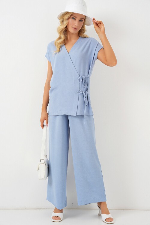 Merterium Kadın Kısa Kol Bağcıklı Ayrobin İkili Takım 6741 - Mavi