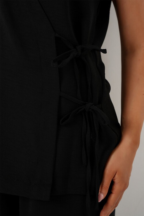 Merterium Kadın Kısa Kol Bağcıklı Ayrobin İkili Takım 6741 - Siyah