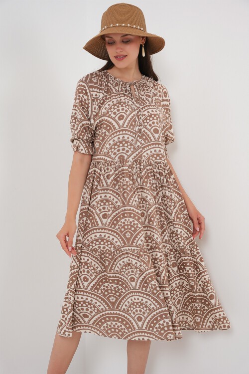 Merterium Kadın Kısa Kol Desenli Elbise 2553 - Bej