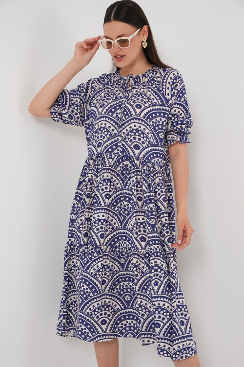 Merterium Kadın Kısa Kol Desenli Elbise 2553 - İndigo