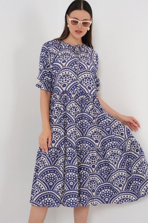 Merterium Kadın Kısa Kol Desenli Elbise 2553 - İndigo