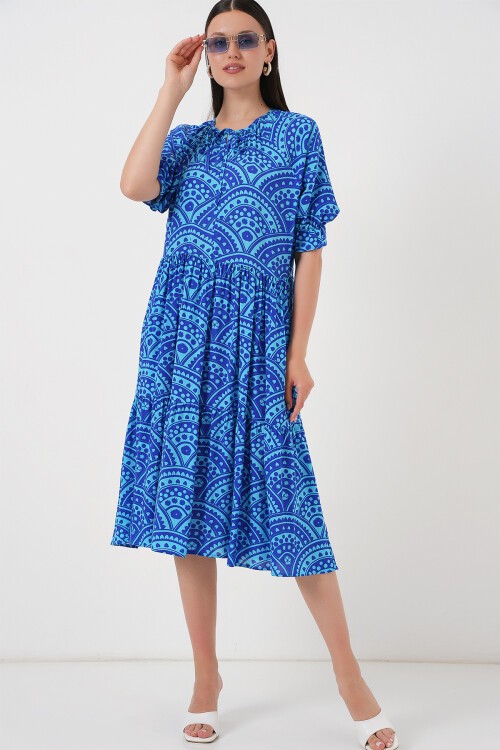 Merterium Kadın Kısa Kol Desenli Elbise 2553 - Saks