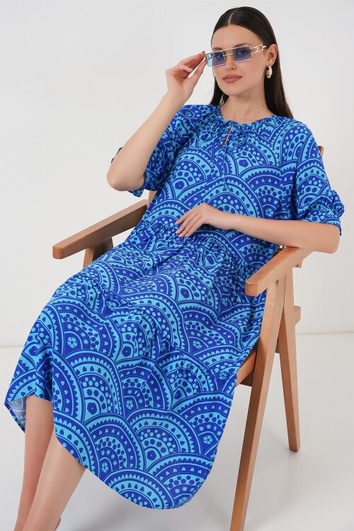 Merterium Kadın Kısa Kol Desenli Elbise 2553 - Saks