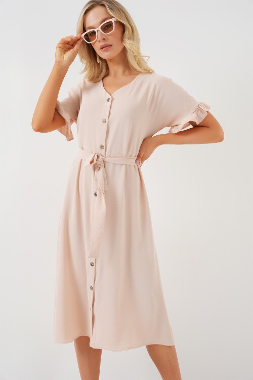 Merterium Kadın Kısa Kol Düğmeli Elbise 2555 - Krem