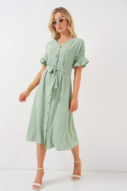 Merterium Kadın Kısa Kol Düğmeli Elbise 2555 - Mint