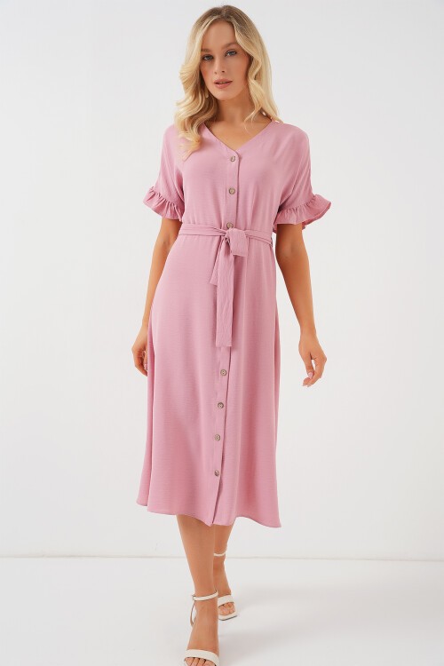 Merterium Kadın Kısa Kol Düğmeli Elbise 2555 - Pudra