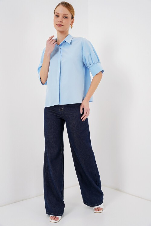 Merterium Kadın Kısa Kol Gömlek 20312 - Mavi
