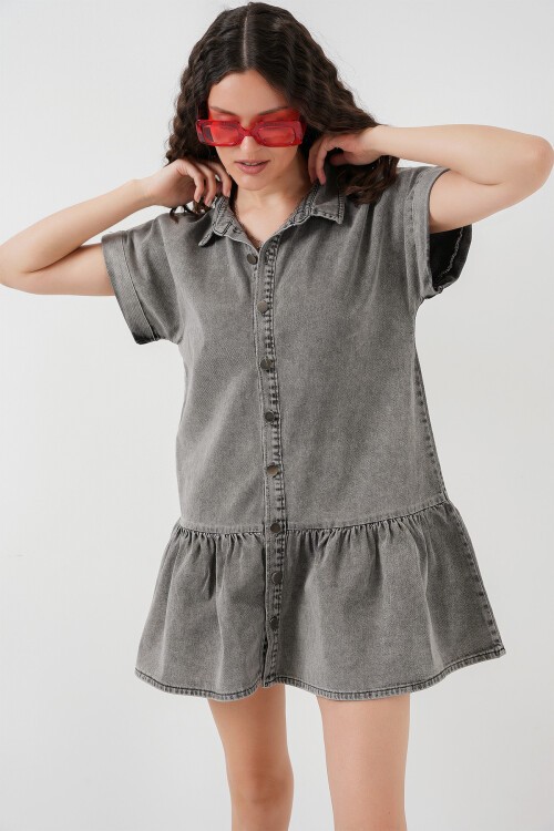 Merterium Kadın Kısa Kot Elbise 2530 - Füme