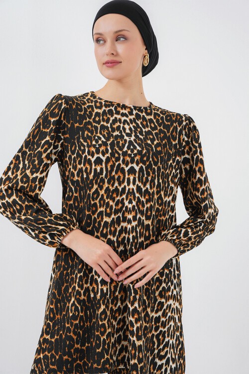 Merterium Kadın Leopar Tunik Pantolon Alt Üst Takım 6663
