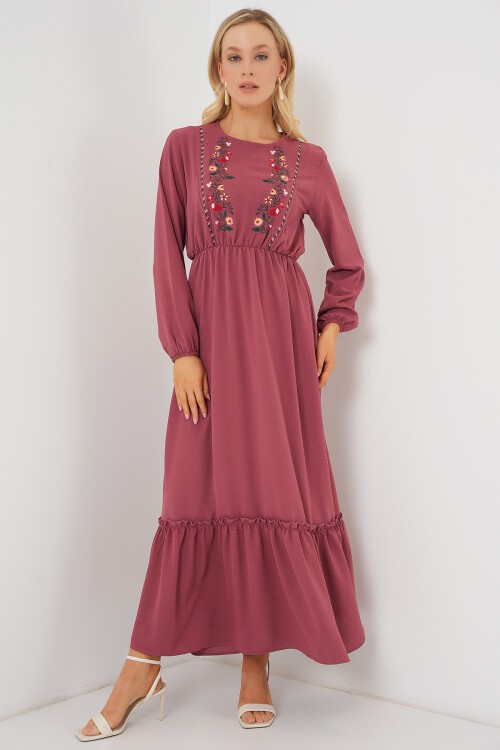 Merterium Kadın Nakışlı Uzun Tesettür Elbise 2550 - Gül Kurusu