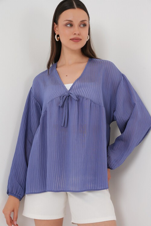 Merterium Kadın Önü Bağcıklı Uzun Kol Bluz 946 - İndigo