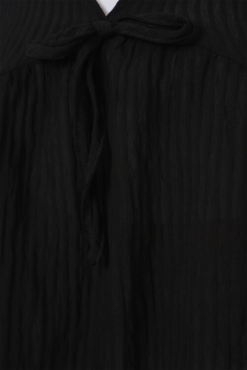 Merterium Kadın Önü Bağcıklı Uzun Kol Bluz 946 - Siyah