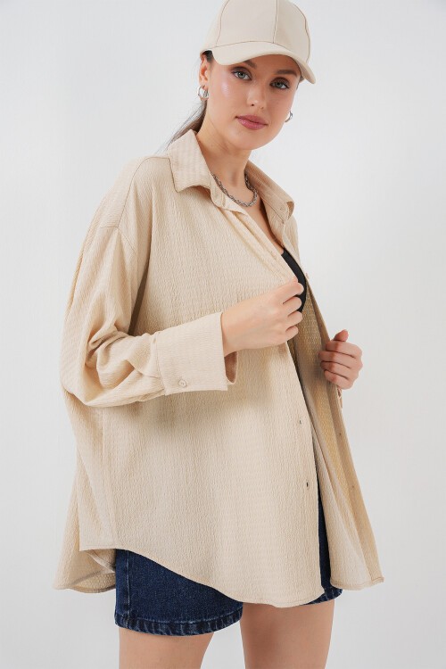 Merterium Kadın Örme Oversize Gömlek 20264 - Bej