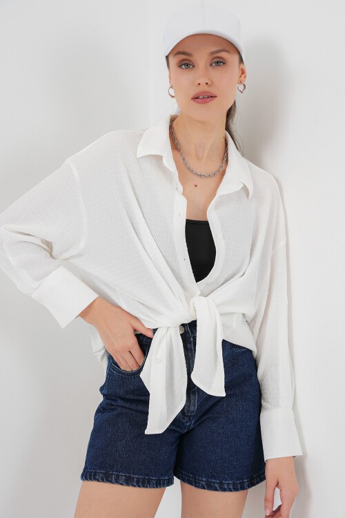 Merterium Kadın Örme Oversize Gömlek 20264 - Beyaz