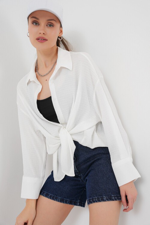Merterium Kadın Örme Oversize Gömlek 20264 - Beyaz