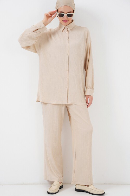 Merterium Kadın Örme Tesettür Alt Üst Takım 6711 - Krem