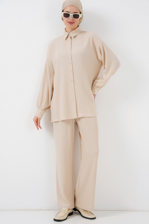 Merterium Kadın Örme Tesettür Alt Üst Takım 6711 - Krem