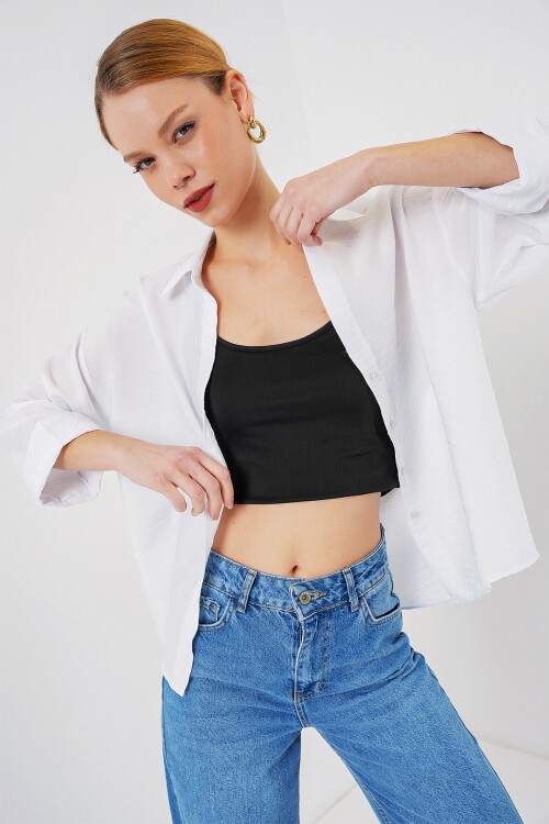 Merterium Kadın Oversize Kısa Kol Gömlek 20315 - Beyaz