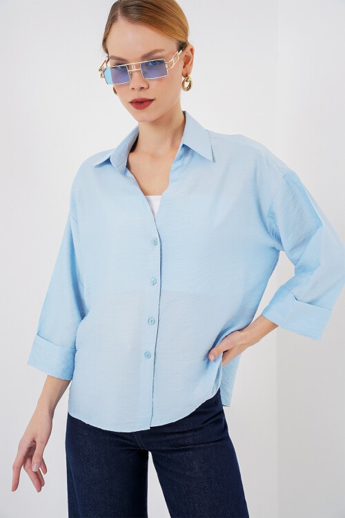 Merterium Kadın Oversize Kısa Kol Gömlek 20315 - Mavi