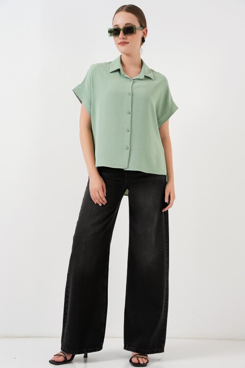 Merterium Kadın Oversize Kısa Kol Gömlek 20322 - Çağla