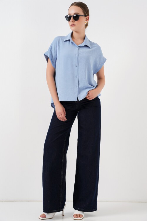 Merterium Kadın Oversize Kısa Kol Gömlek 20322 - Mavi