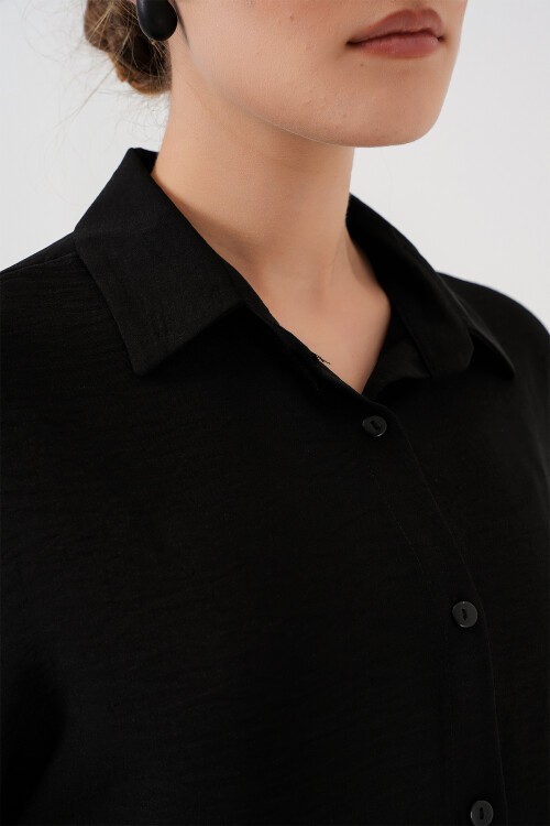 Merterium Kadın Oversize Kısa Kol Gömlek 20322 - Siyah