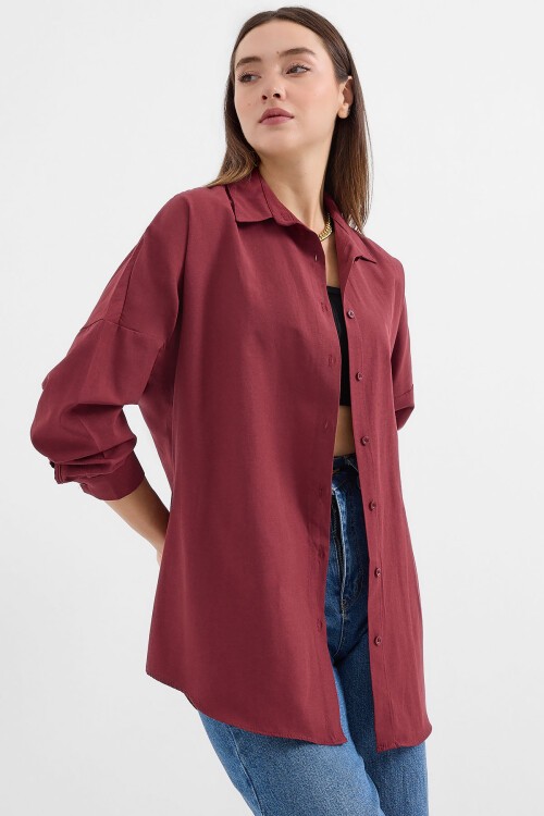 Merterium Kadın Oversize Mürdüm Uzun Basic Gömlek 3900