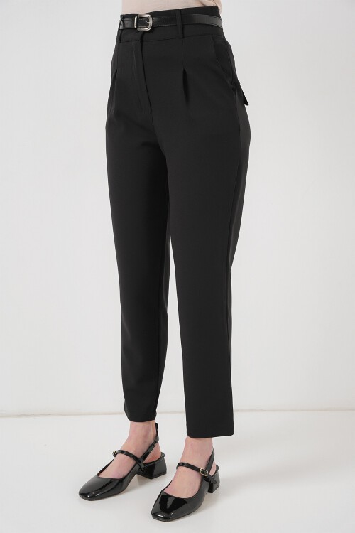 Merterium Kadın Pileli Kemerli Kumaş Pantolon 6725 - Siyah