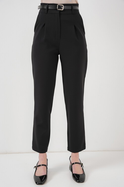 Merterium Kadın Pileli Kemerli Kumaş Pantolon 6725 - Siyah