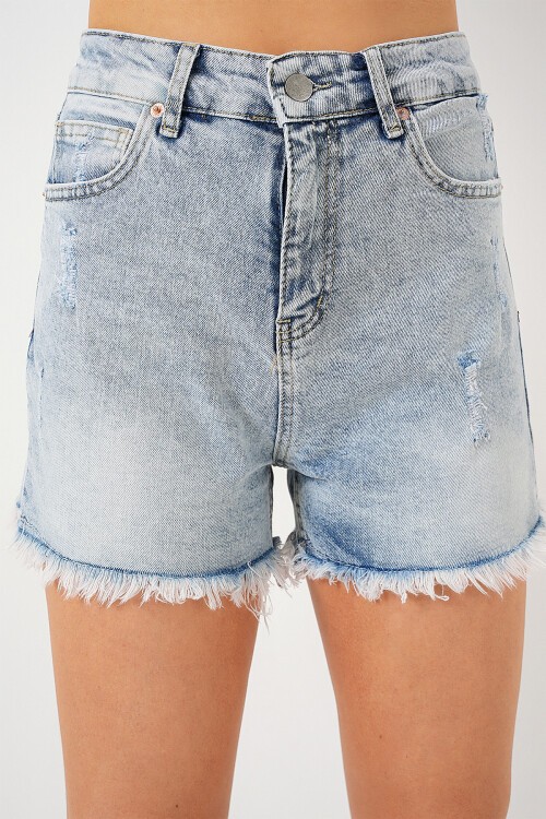 Merterium Kadın Püsküllü Kot Şort 5338 - Mavi
