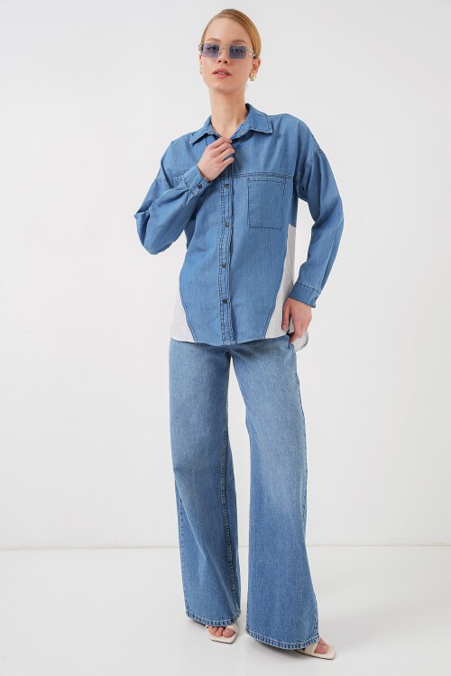Merterium Kadın Sırt Detaylı Kot Gömlek 20305 - Mavi