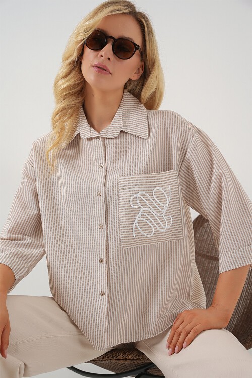 Merterium Kadın Tek Cep Nakışlı Gömlek 20328 - Bej