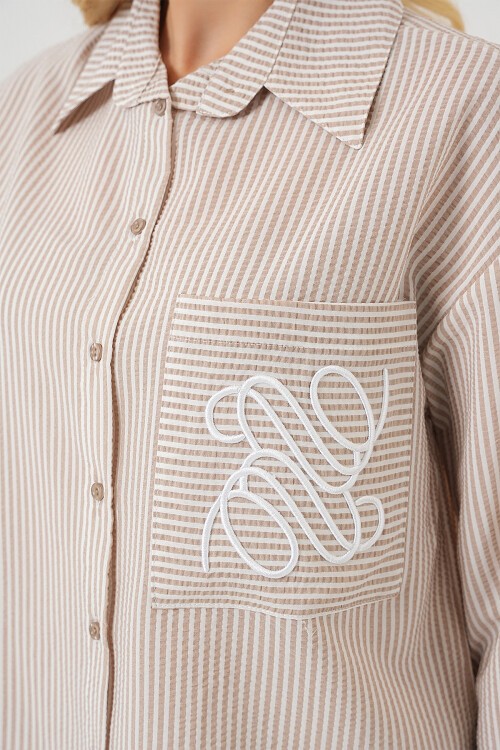 Merterium Kadın Tek Cep Nakışlı Gömlek 20328 - Bej