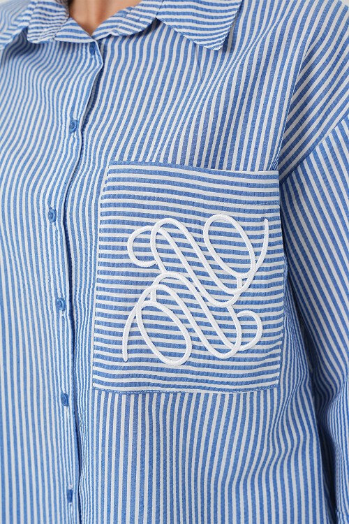 Merterium Kadın Tek Cep Nakışlı Gömlek 20328 - Lacivert