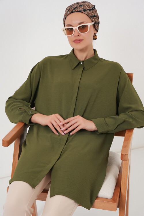 Merterium Kadın Uzun Gömlek Tunik 5945 - Haki