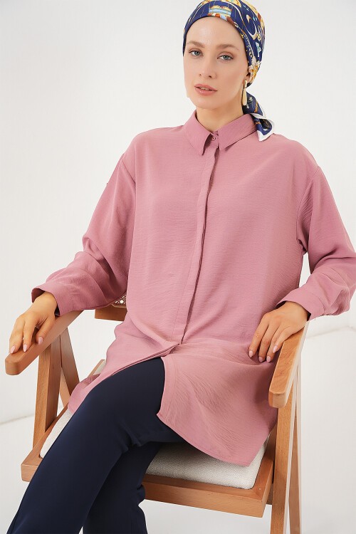 Merterium Kadın Uzun Gömlek Tunik 5945 - Pudra