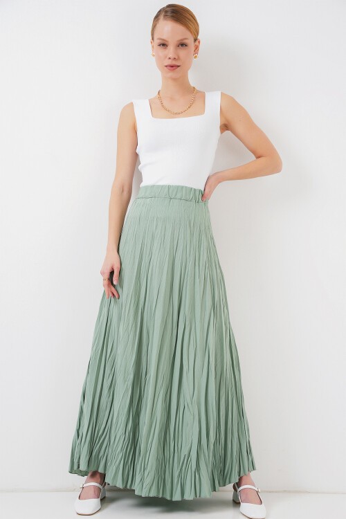 Merterium Kadın Uzun Kırışık Etek 8042 - Çağla