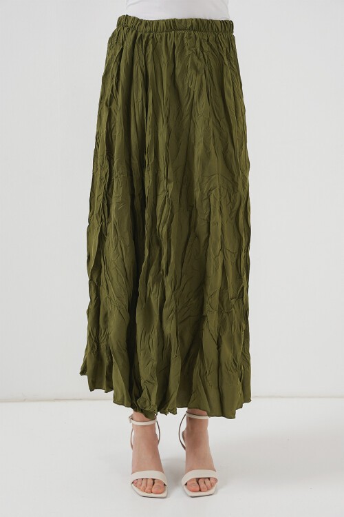 Merterium Kadın Uzun Kırışık Etek 8042 - Haki