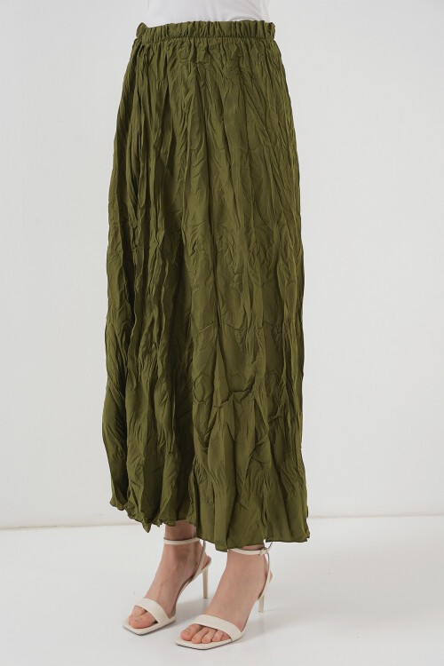 Merterium Kadın Uzun Kırışık Etek 8042 - Haki