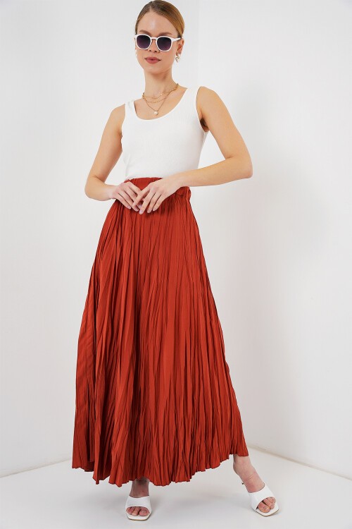 Merterium Kadın Uzun Kırışık Etek 8042 - Kiremit