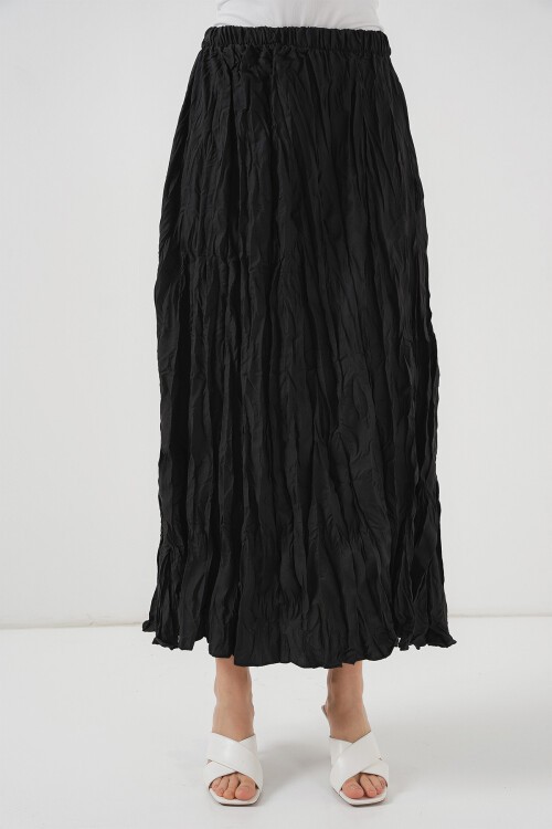 Merterium Kadın Uzun Kırışık Etek 8042 - Siyah