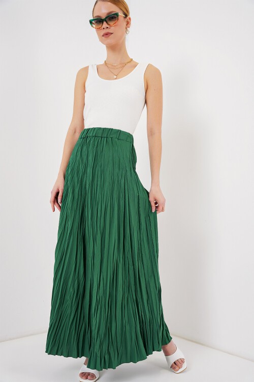 Merterium Kadın Uzun Kırışık Etek 8042 - Zümrüt Yeşili