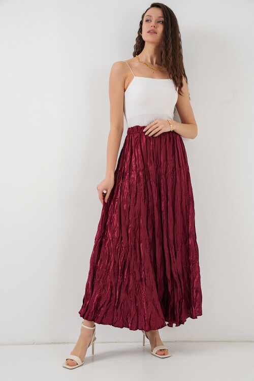 Merterium Kadın Uzun Kırışık Parlak Etek 8034 - Bordo