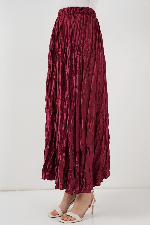 Merterium Kadın Uzun Kırışık Parlak Etek 8034 - Bordo