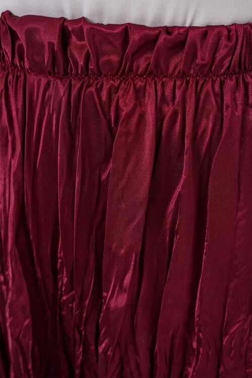 Merterium Kadın Uzun Kırışık Parlak Etek 8034 - Bordo