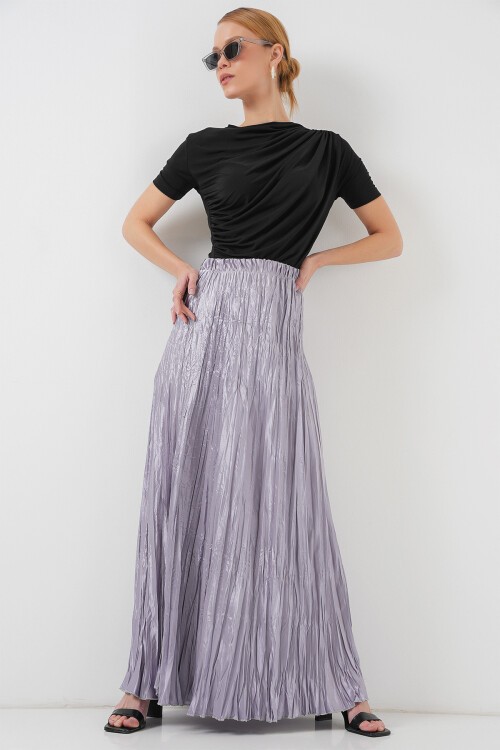 Merterium Kadın Uzun Kırışık Parlak Etek 8034 - Gri