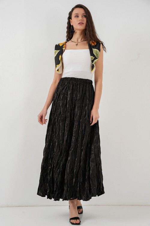 Merterium Kadın Uzun Kırışık Parlak Etek 8034 - Siyah