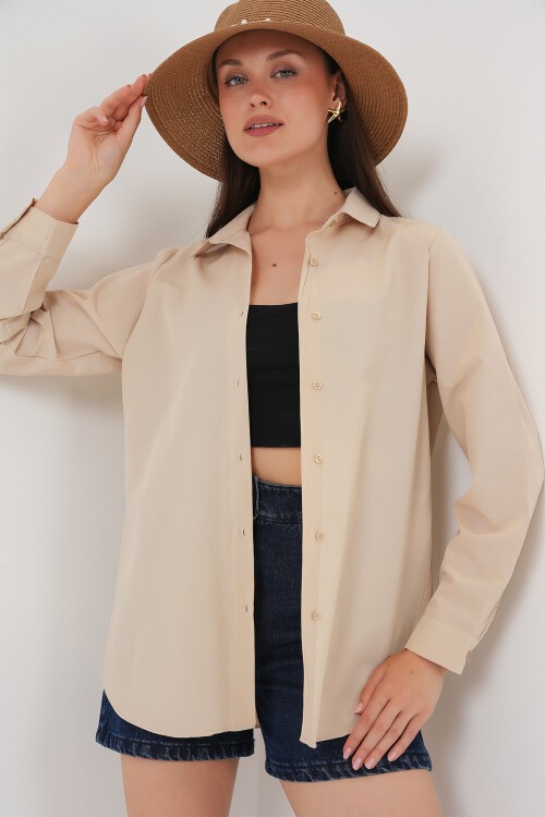 Merterium Kadın Uzun Kol Basic Gömlek 20279 - Bej