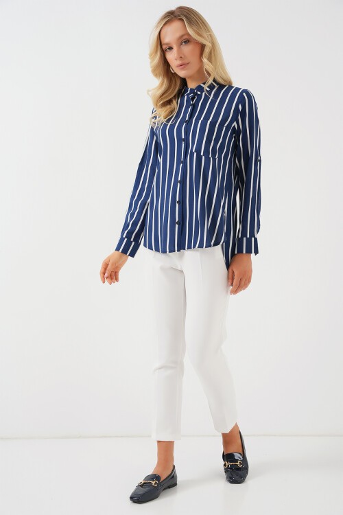 Merterium Kadın Uzun Kollu Çizgili Gömlek 20283 - A.Lacivert